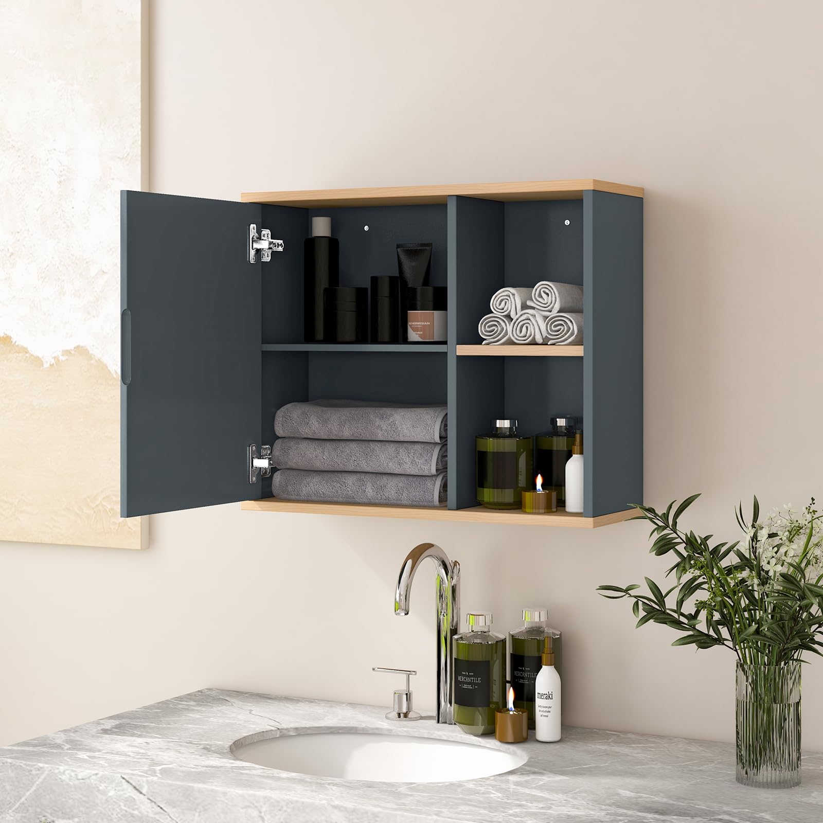 LIFEZEAL Armario de Pared para Baño con Espejo, Armario de Madera, Armario con Estante Ajustable, Organizador con Espacio Abierto, 60 x 20 x 52 cm