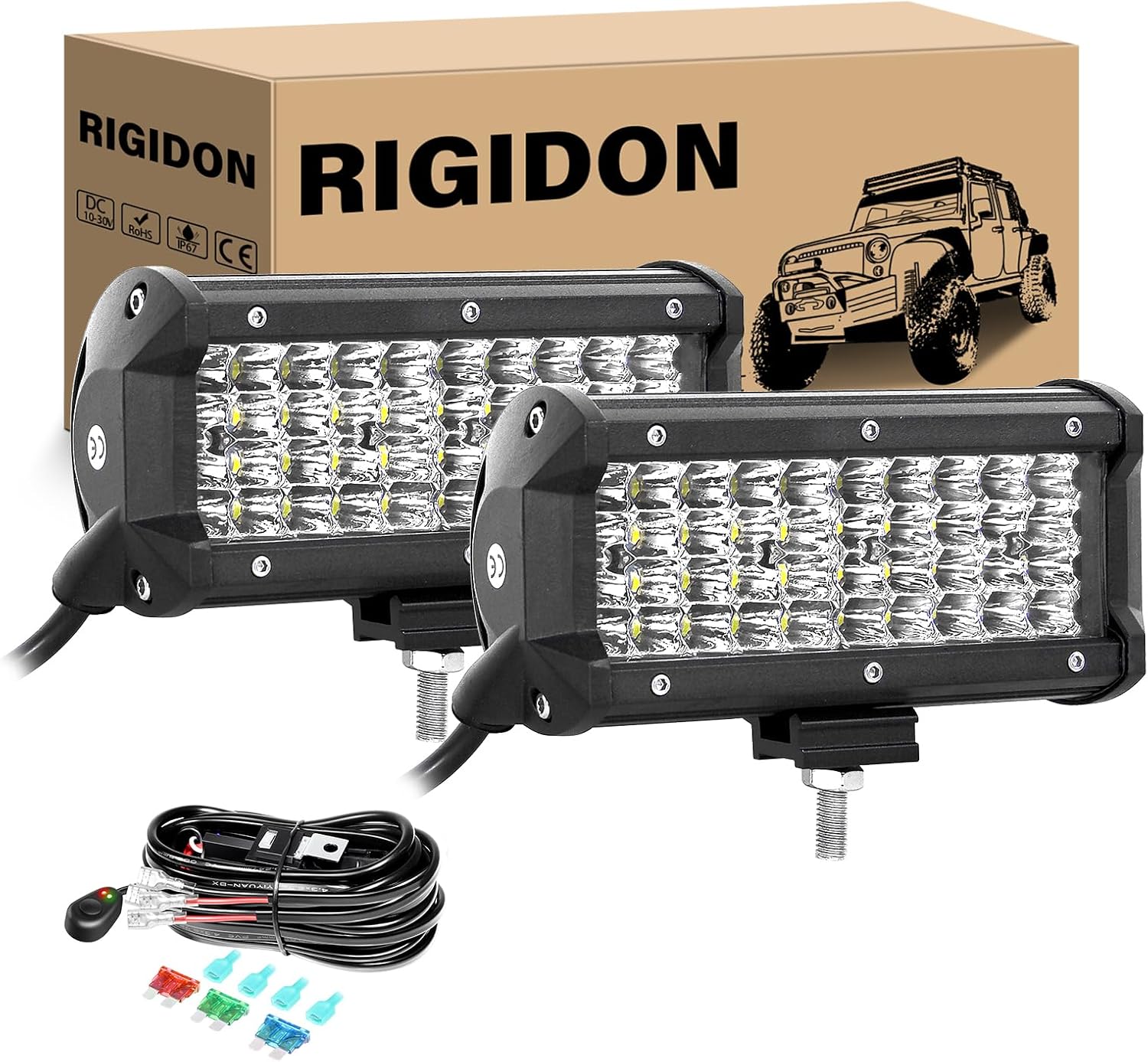 RIGIDON 2PCS LED Light Bar with Wire Harness, 7Inch 120W Spot Waterproof Off Road LED Fog Lights for ATV SUV Boat Truck Pickup 4x4 Car LED Work Light