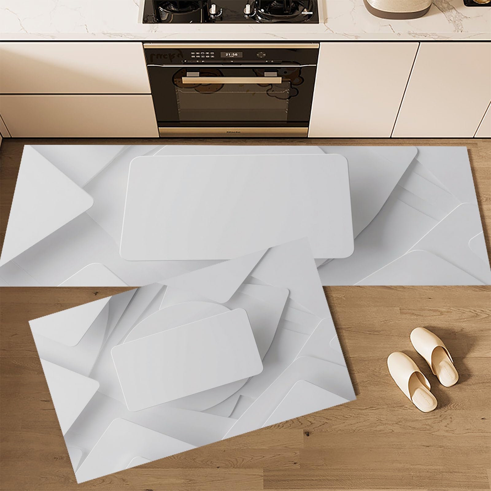 Alfombras de cocina 3D geométricas y lavables en un juego moderno blanco y gris