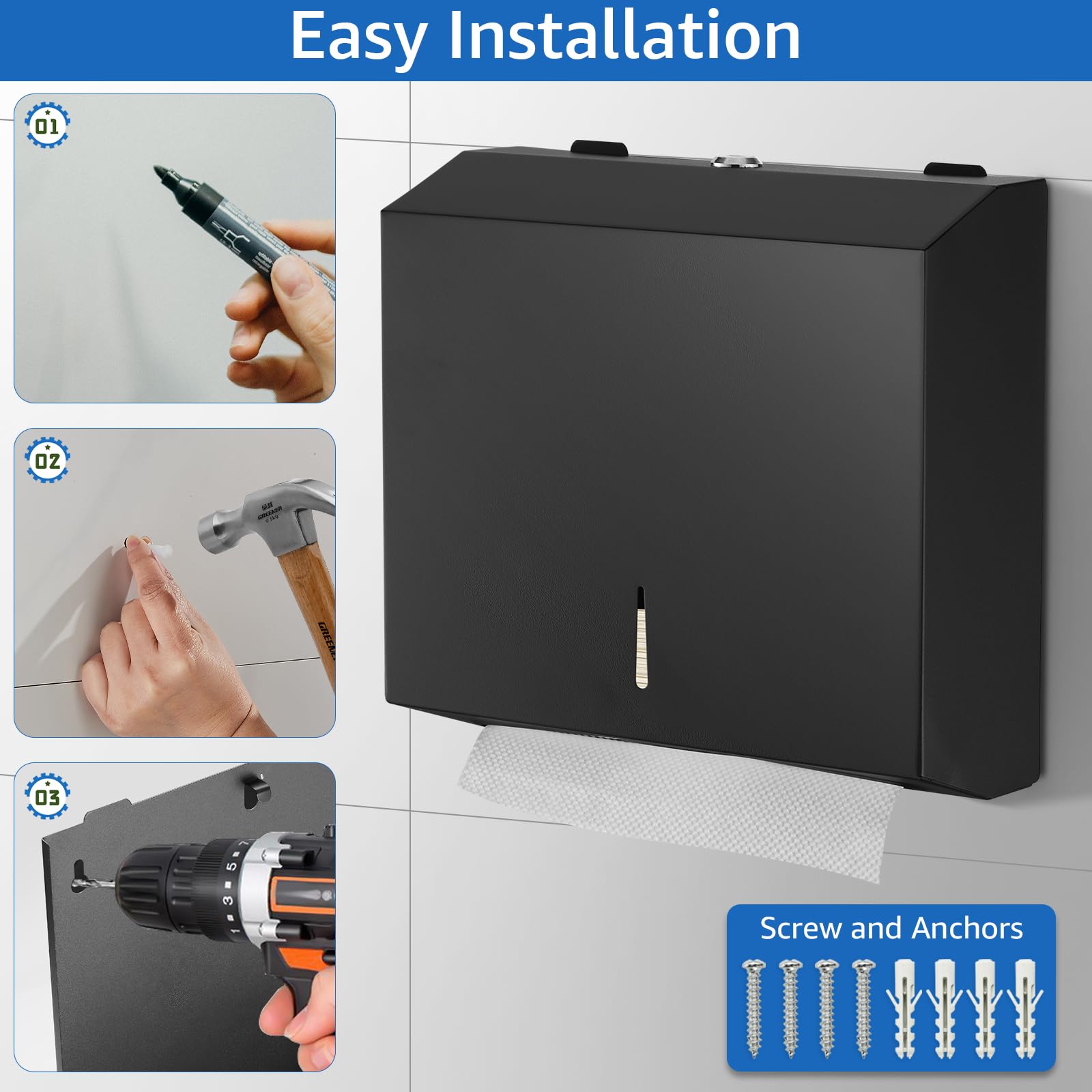 Dispensador de toallas de papel de acero inoxidable, montaje en pared, triple pliegue, gran capacidad, comercial
