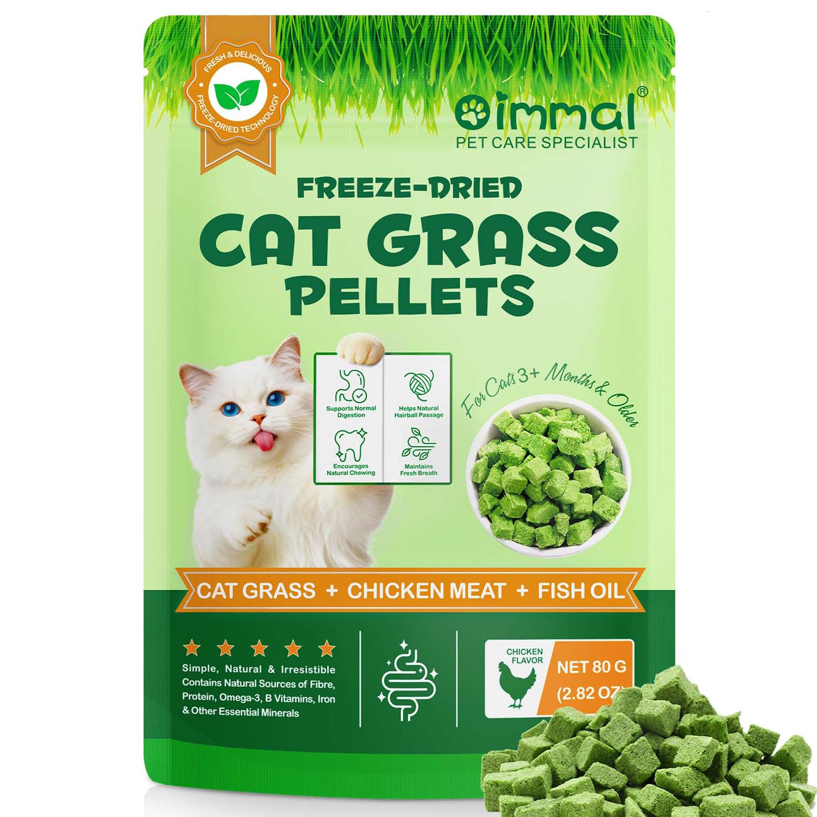 Cat Grass Treats, Cat Grass for Indoor Food, 80g Freeze Dried Treats for Dental and Teeth Cleaning, Crunchy Hairball Remedy Remove Snacks, Healthy Digestive Natural Chicken
