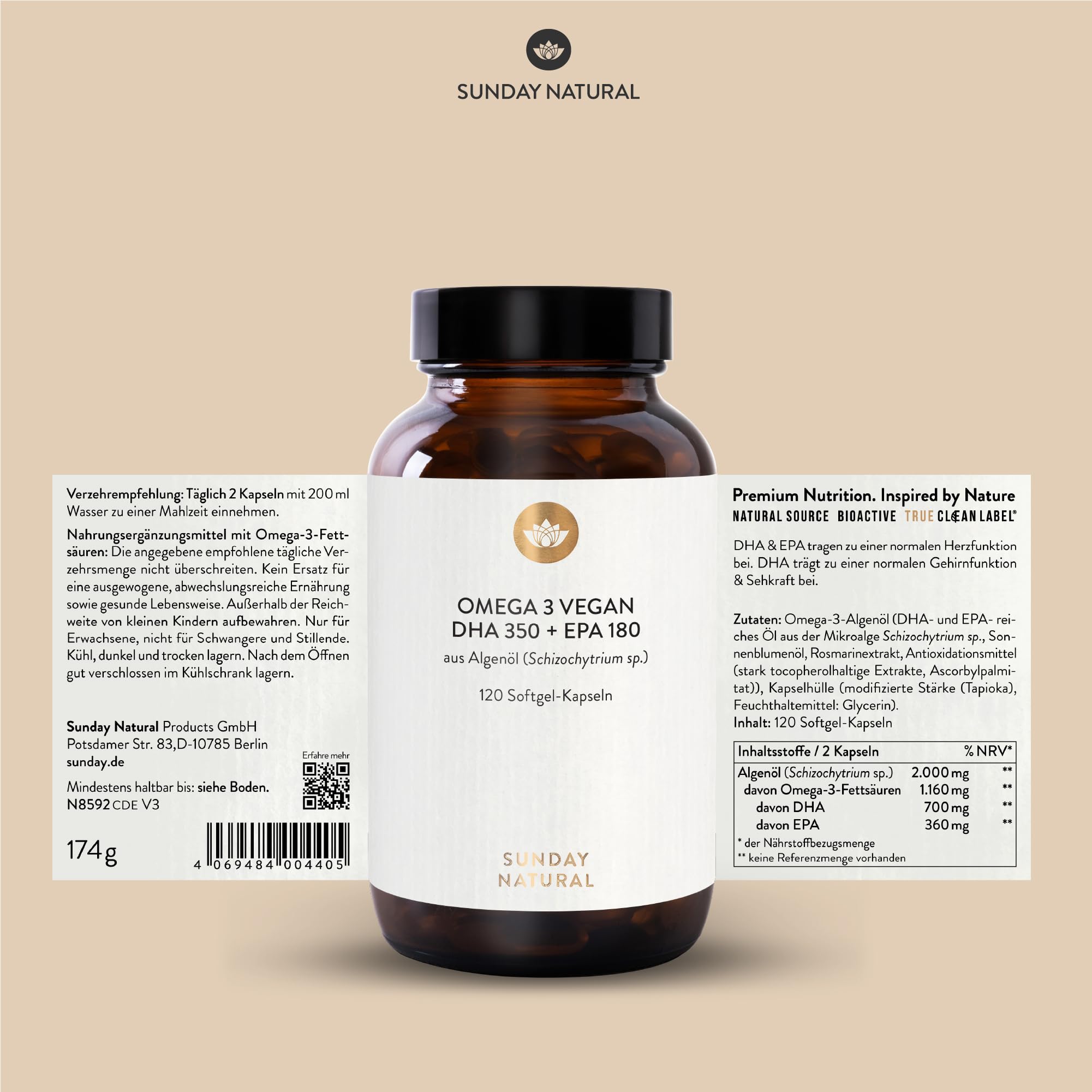 SUNDAY NATURAL® Omega 3 Vegan Forte - 120 Softgel Kapseln - 2.000 mg Algenöl pro Tagesdosis: 700 mg DHA + 360 mg EPA - Omega 3 Kapseln - Laborgeprüft