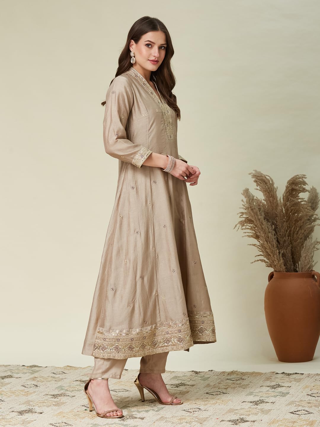 MOKOSH Women's Silk Embroidered Kurta Pant Dupatta Set (474-01-M) Grey - Image 3 thumbnail