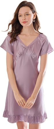 Short Sleeve Silk Nightgown 100% Mulberry Silk Lingerie 19 Momme Purple and Pink