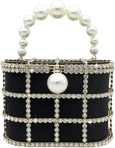 Bolso de cubo de metal con asa superior de perlas sintéticas para mujer bolsa de noche de cristal y embrague bolsa formal o boda #1253 Beige, #1253