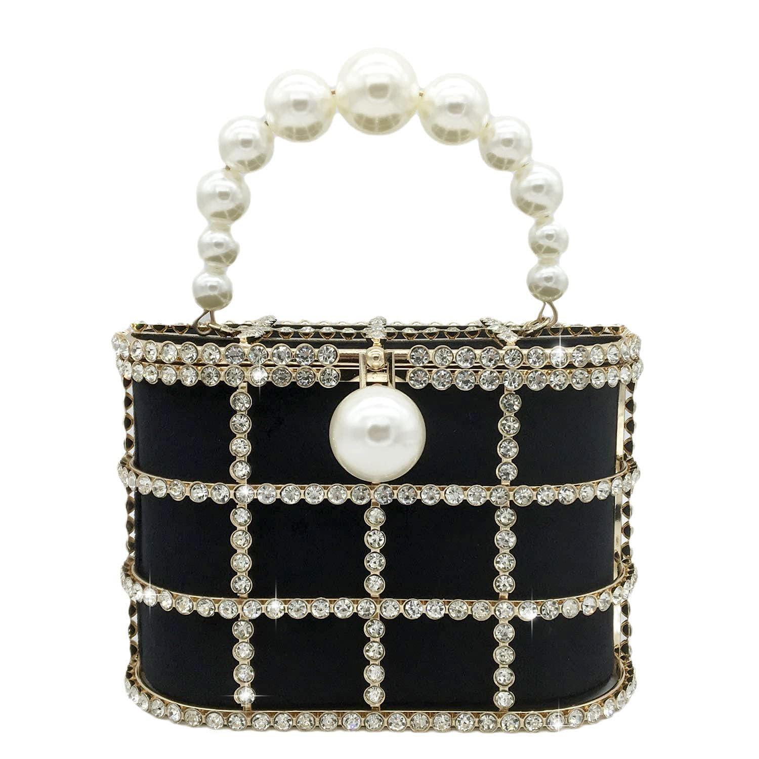 Boutique De FGG Elegant Evening Handbag with Pearl Rhinestone Bucket Bag Crystal Clutch Purses for Wedding Party Small Tote