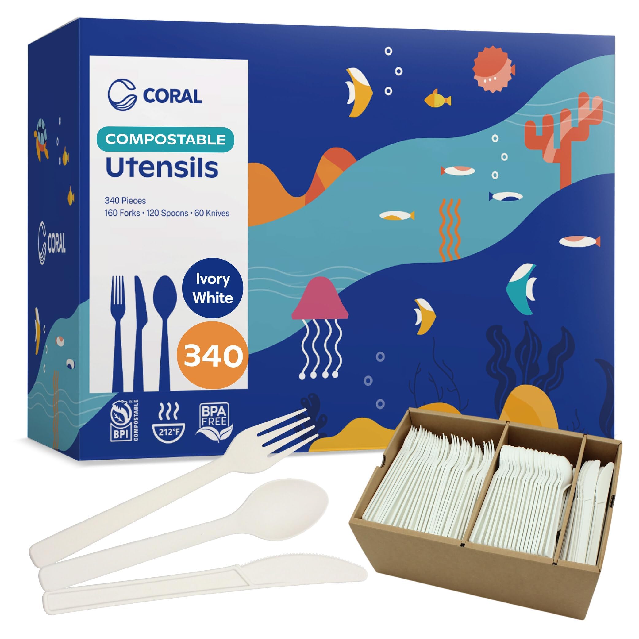 CORAL Juego de cubiertos 100 % compostables, 340 piezas, 120 cucharas resistentes, resistentes a la rotura con bordes lisos, alternativa respetuosa con el océano a los utensilios de plástico