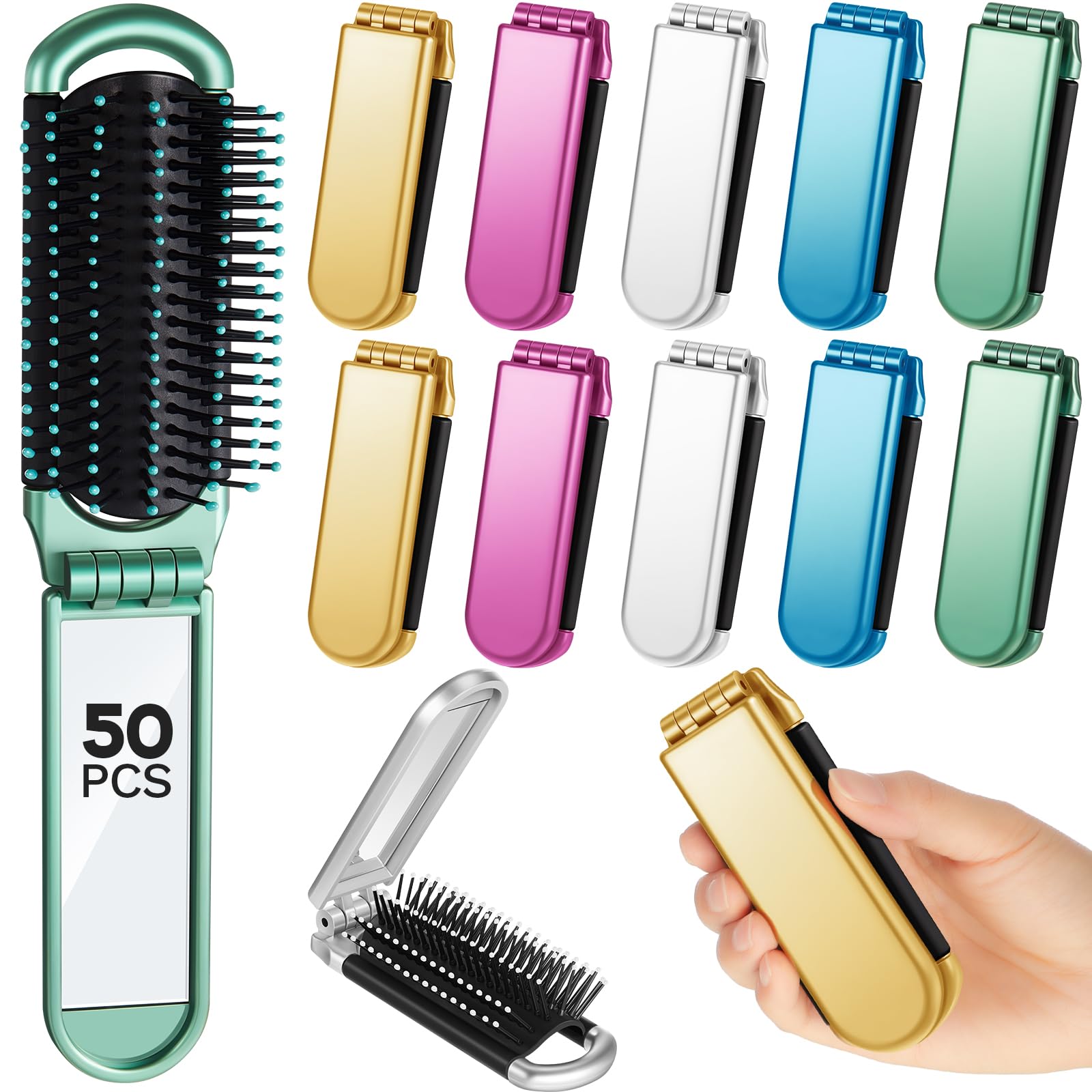 Uiifan 50 Pcs Folding Travel Brush with Mirror Bulk, Small Pocket Brush Compact Portable for Men Women, Bridesmaid Gifts, Stocking Stuffers, Party