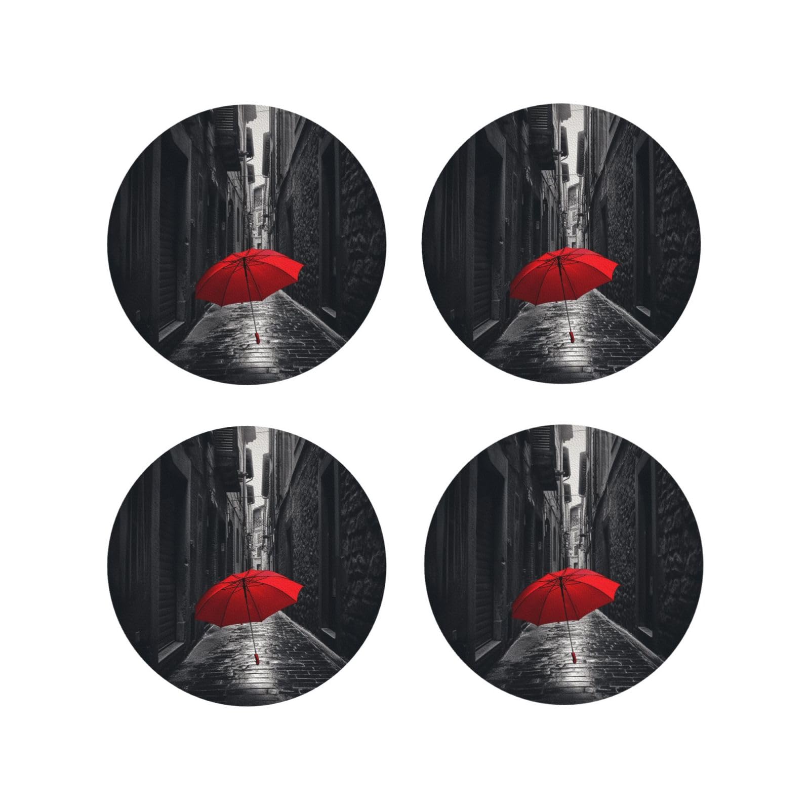 4pcs Drink Coasters for Tabletop Protection, 4" Leather Coasters for Drinks, Red Umbrella Dark Street Cup Coasters for Coffee Table Decor, Non-Slip Drinking Cup Mat for Hot Or Cold Drink