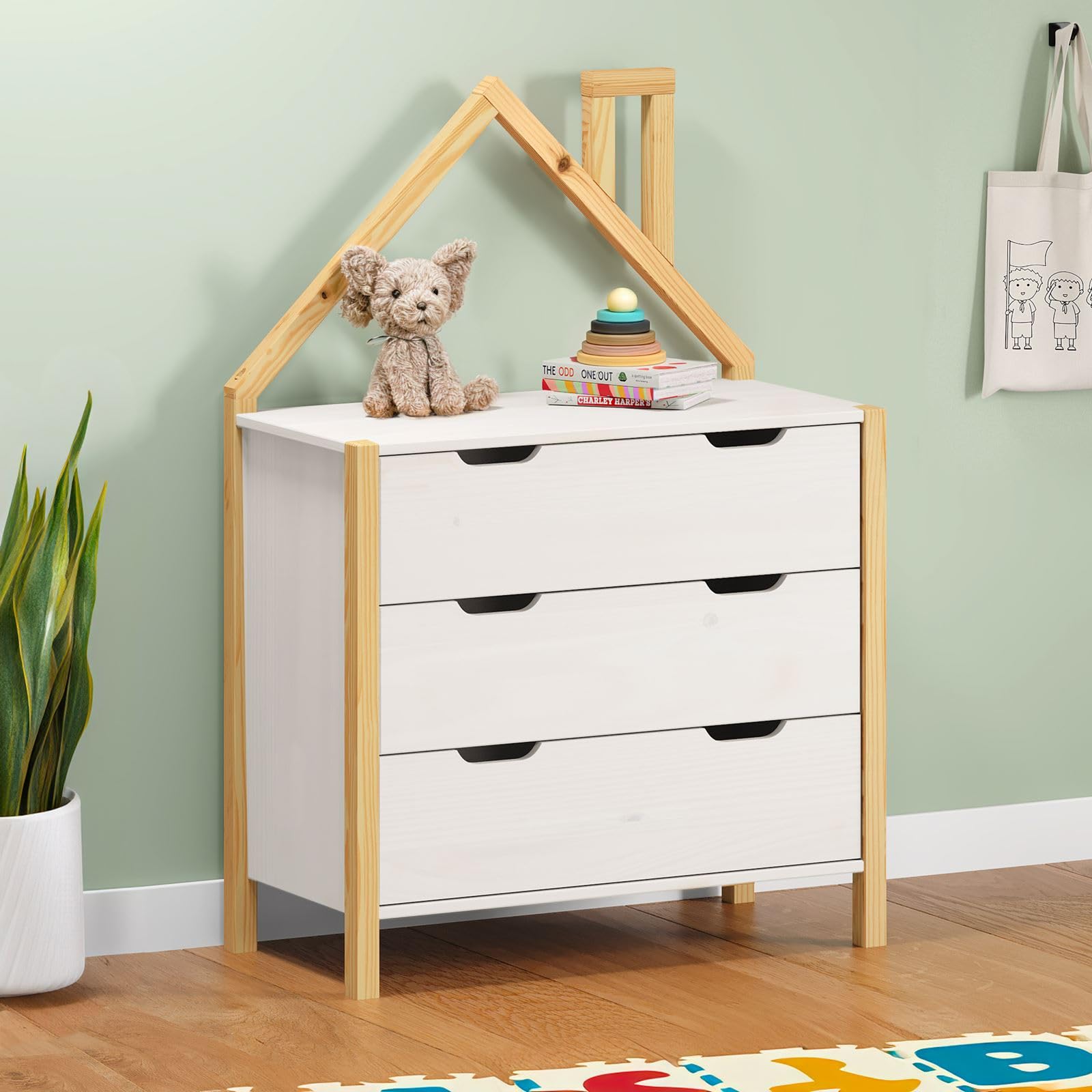 IDIMEX Cassettiera ELANO a forma di casa – bianco in legno di pino massiccio, 3 cassetti grandi, per cameretta dei bambini, armadio, cassettiera