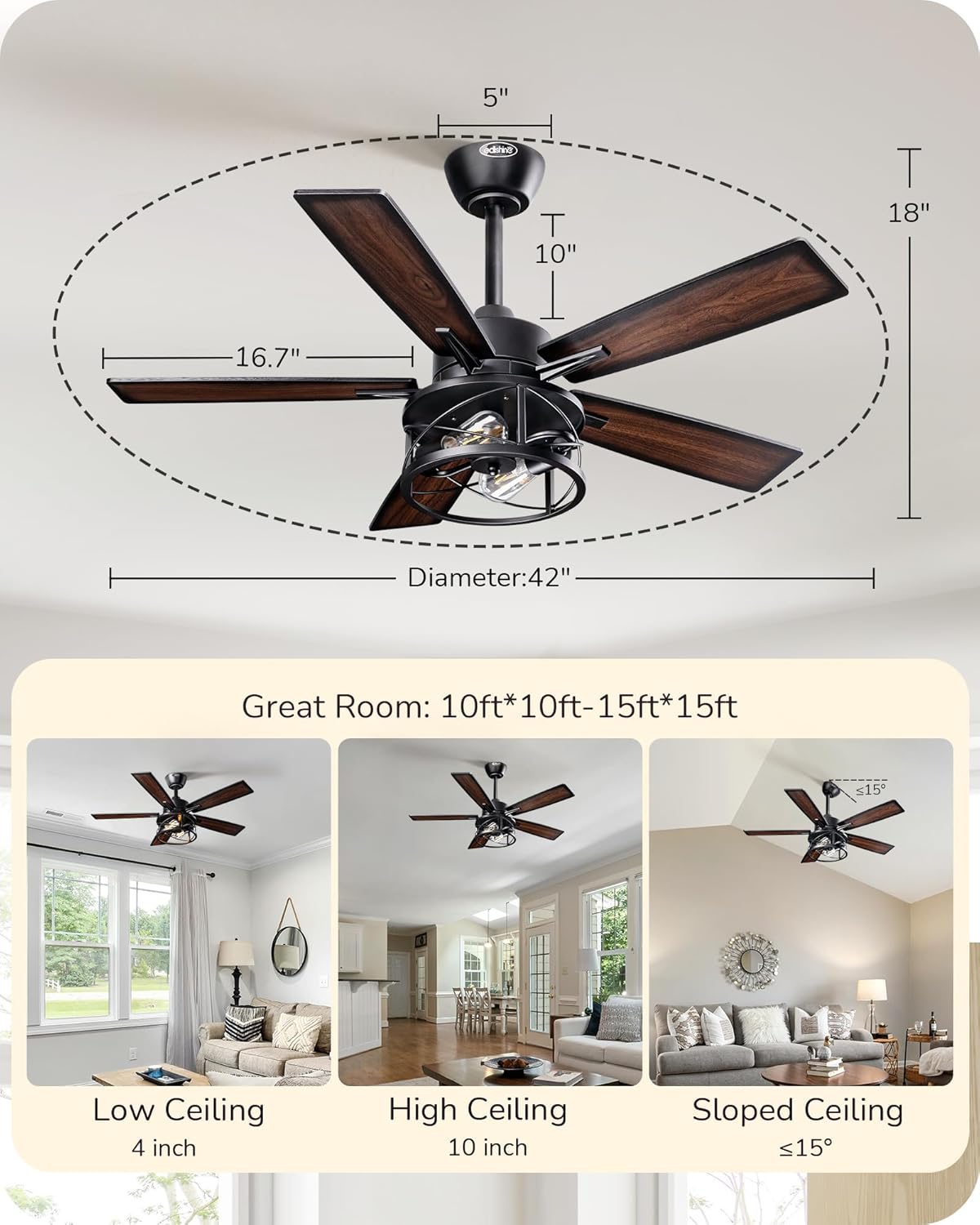 EDISHINE 42“ Farmhouse Ceiling Fans with Lights and Remote, 10%-100% Dimmable, 6 Speeds, Wood Blades, DC Reversible Motor, Timer, Noiseless, Small Rustic Ceiling Fan for Bedroom Living Room, UL Listed