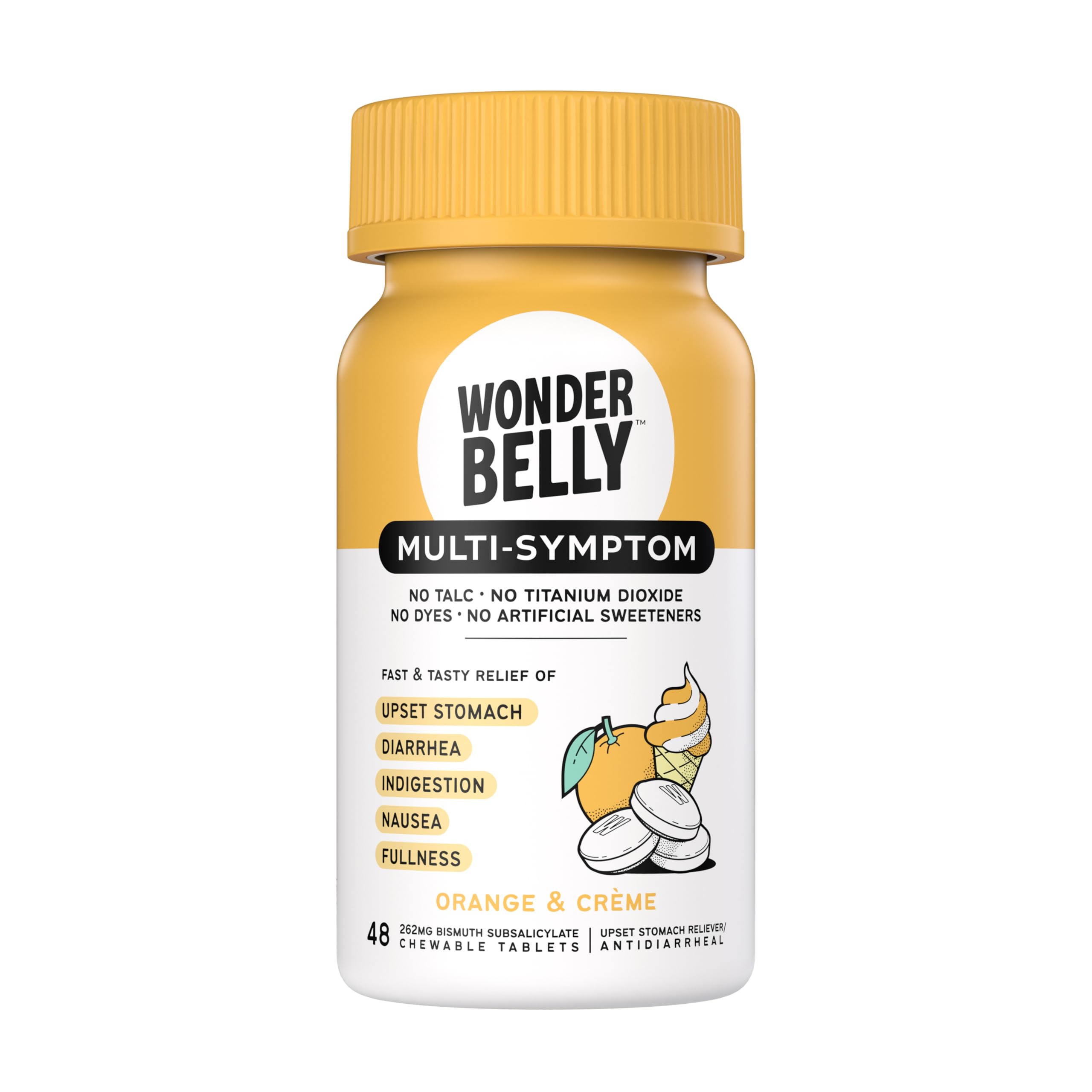 Multi-Symptom Medicine Anti-Diarrhea & Upset Stomach Relief with Bismuth Subsalicylate Orange & Creme 40 Chewable Tablets