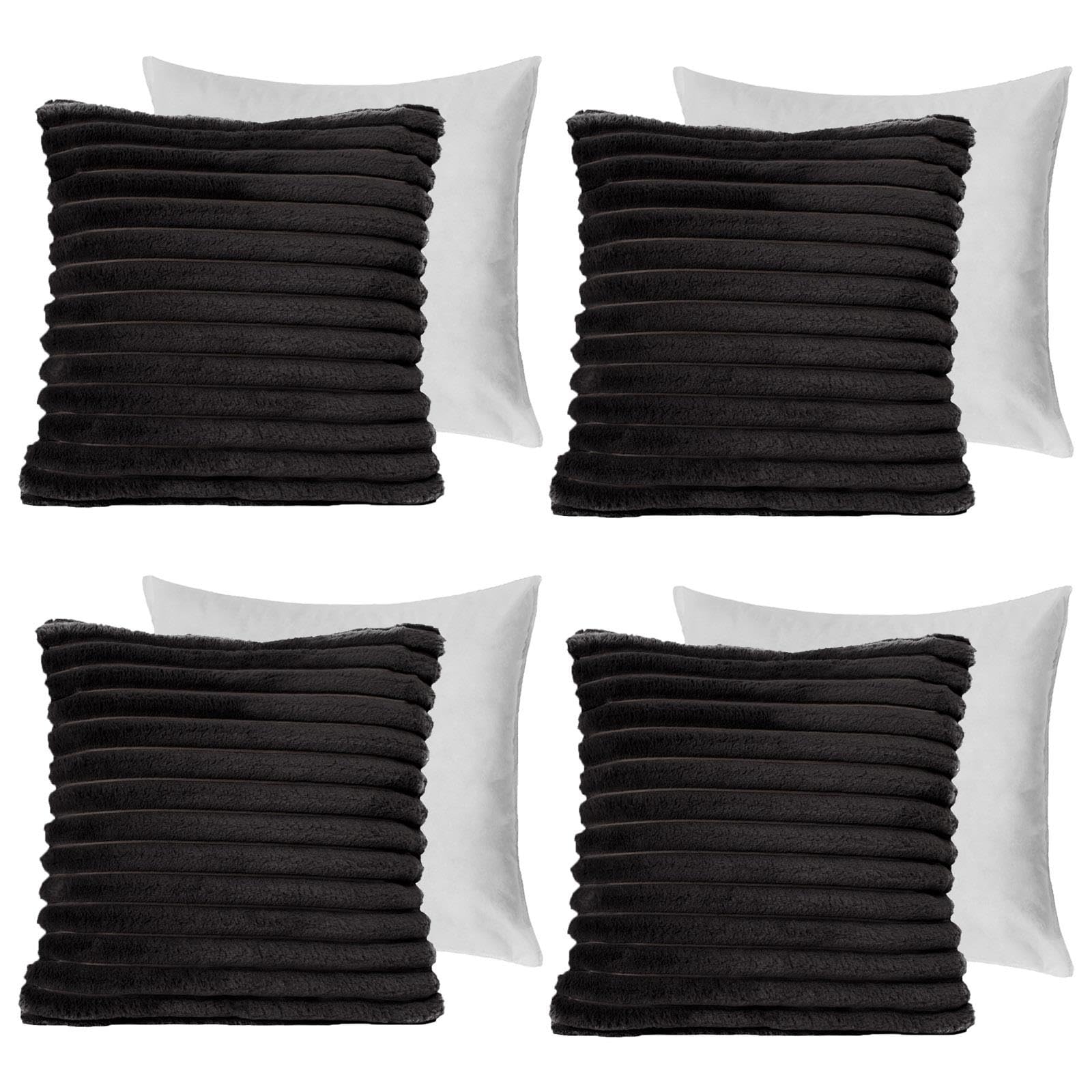 Ohs Black Cushions With Covers Included Faux Fur Ribbed, Sofa Cushion Pads With Cushion Covers Living Room Thick Soft Comfy Decorative Throw Pillows, Pack Of 4