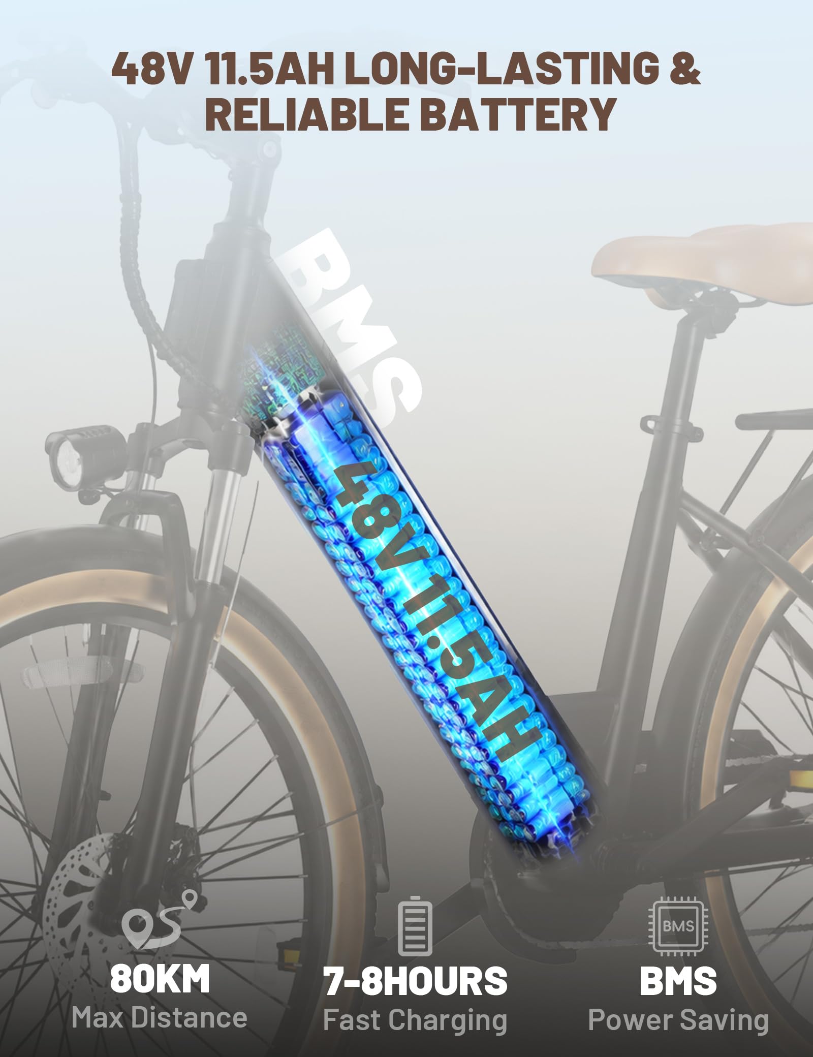 HEADEER BD26195 Bici Elettrica Per Adulti Da 26", Batteria Rimovibile 48V 11.5Ah, Autonomia 80KM (PAS), Bicicletta Elettrica Donna con 7 Velocità, Display a Colori & Forcella Ammortizzata con Blocco