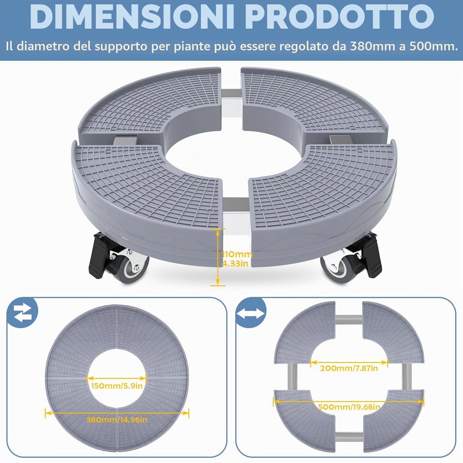 Raxfekro Rullo per piante regolabile, 38 – 50 cm, portata 200 kg, sottovaso con ruote e freni, adatto per vasi di fiori, condizionatori, ecc