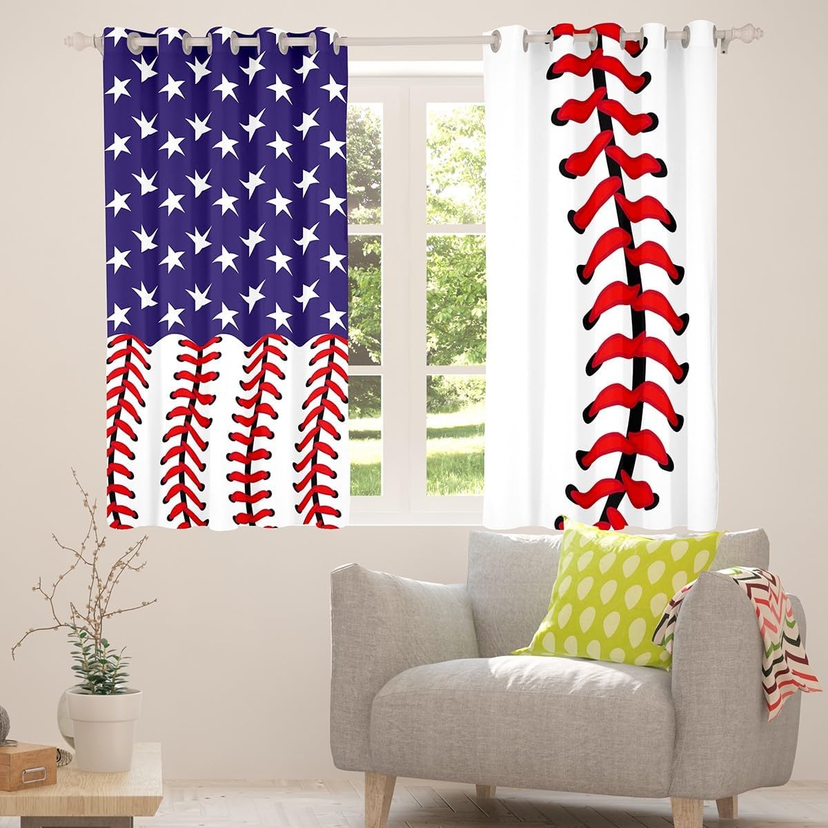 Feelyou Baseball Blackout Curtains() Sports Sewing Geometric Curtain for Bedroom 3D Ball Red White Blue Darkening Window Dreapes Decor Baseball Games Window Treatments (2 Panels, 52 x 84 Inch)