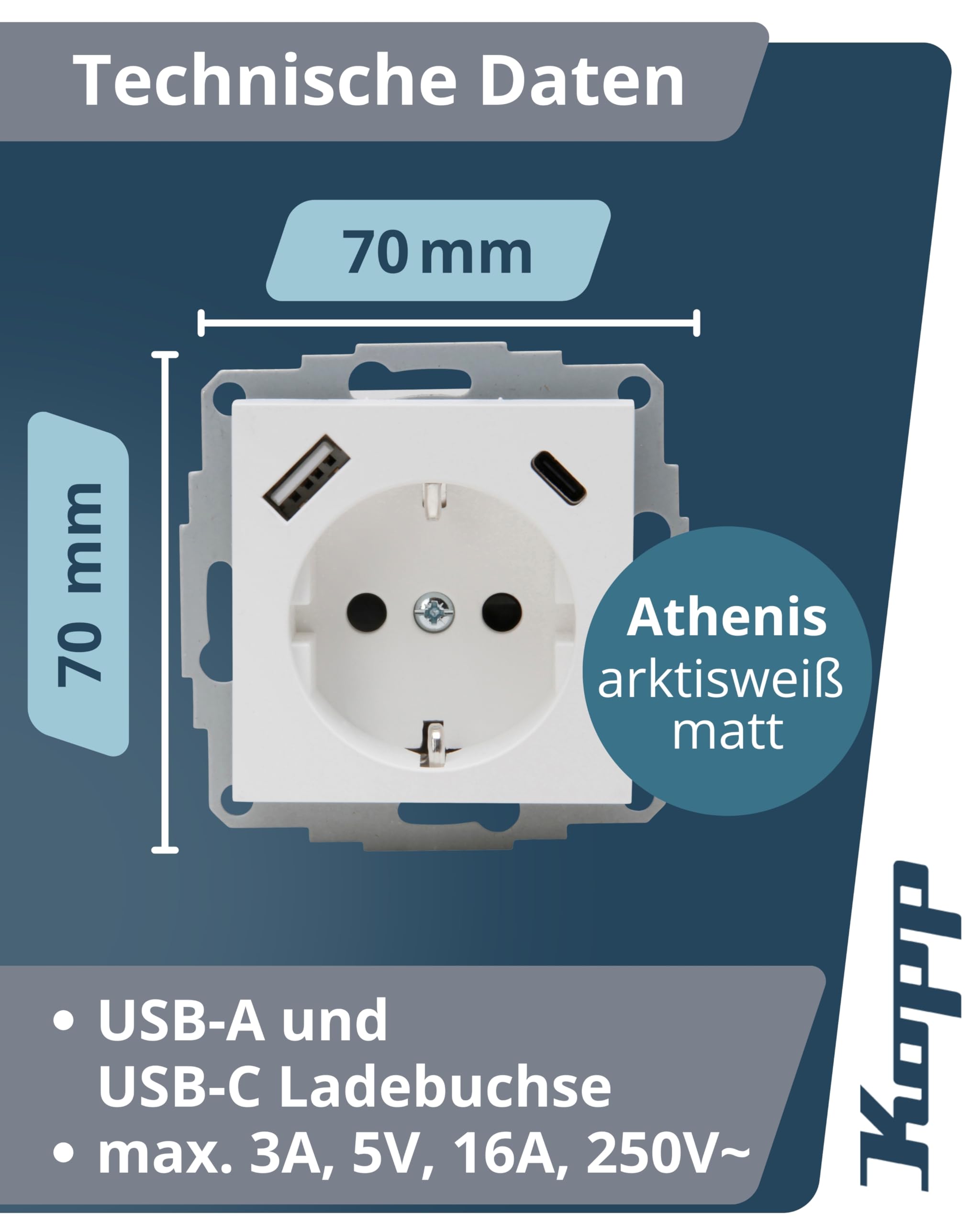 Kopp ATHENIS Unterputz-Steckdose mit USB A & USB C in Arktisweiß matt – Schutzkontakt-Steckdose mit integrierten Ladebuchsen – 16 A / 250 V~ IP20 – Steckklemmen & erhöhter Berührungsschutz