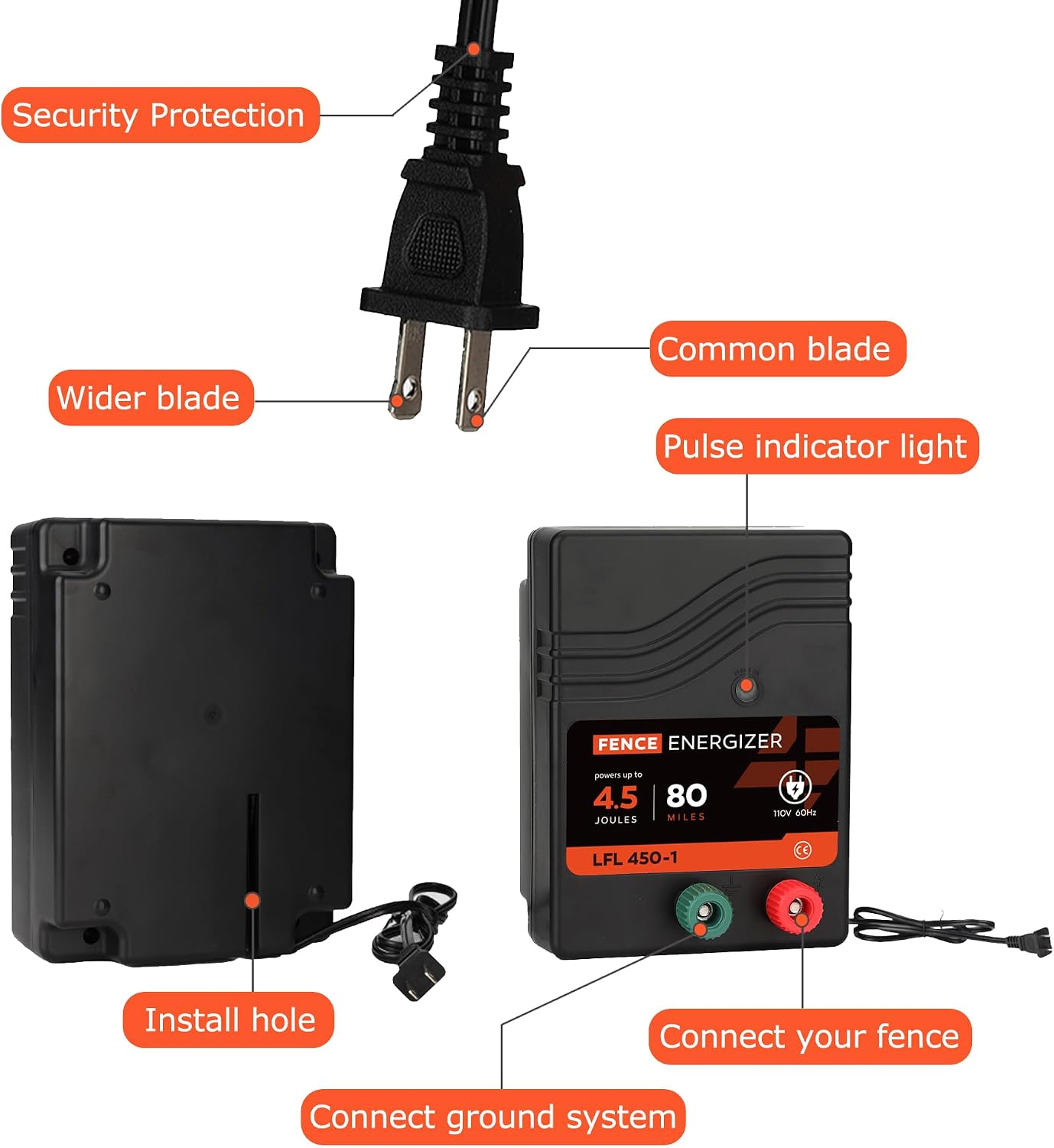 Electric Fence Charger AC Powered 80 Miles 250 Acres, 110 Volt 4.5 Joule Plug-in Electric Fence Energizer, Output Voltage Max 10 kV for Livestock, Preventing Predators from Intruding