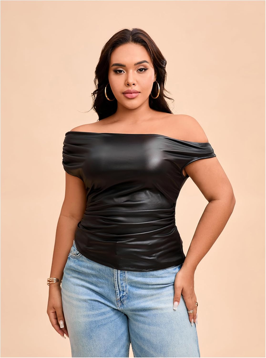 MakeMeChic Women's Plus Size Leather Tops One Shoulder Ruched Fitted Club Festival Tops Winter Fashion - Image 5