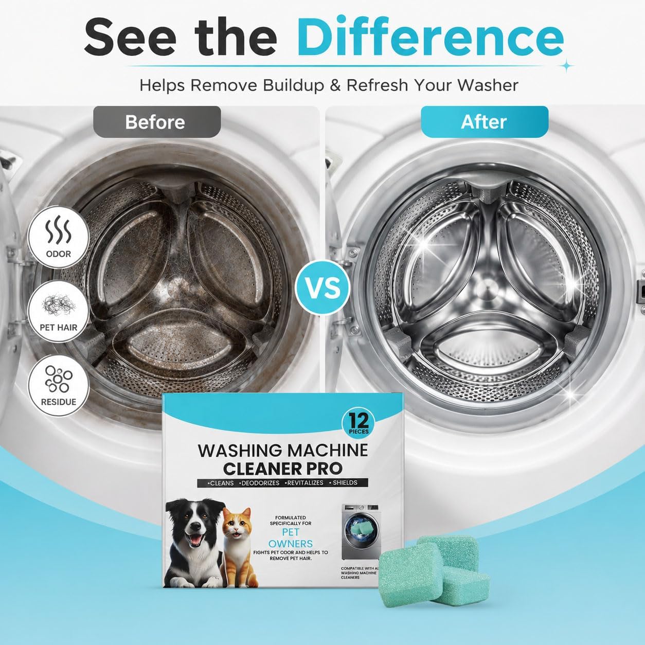 Washing Machine Cleaner Tablets, 12 Count Washer Cleaner for Pet Owners, Deep Cleaning Deodorizer for HE Front Load and Top Load Washers, Helps Remove Residue, Grime and Pet Hair Buildup