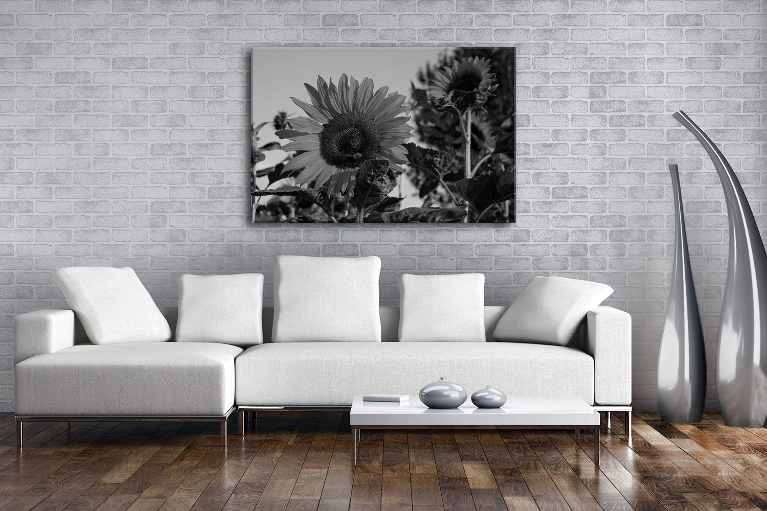 Impresión Digital Marco, diseño de Girasoles, Color Blanco y Negro, 100x70