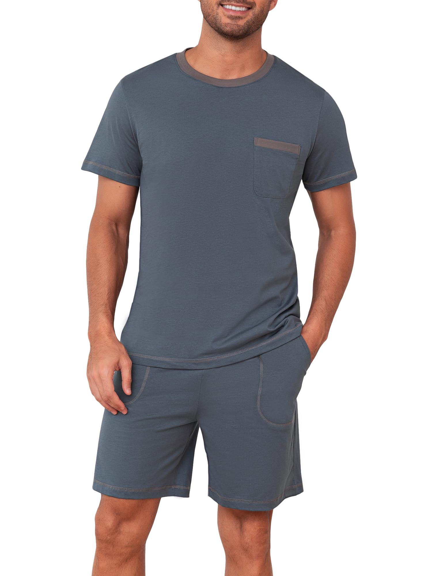 Winovia Schlafanzug Herren Kurz Leichter Sommer Pyjama Set aus 100% Baumwolle, Kurzarm-Shirt und Kurze Hose für Atmungsaktiven Schlafkomfort