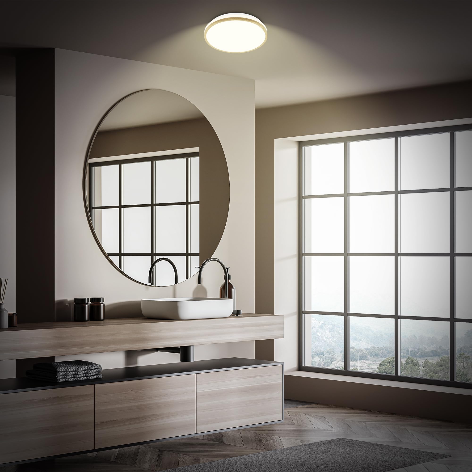Briloner - Plafon led techo baño con color de luz blanco cálido, IP44 protección contra salpicaduras de agua, 12W, 1200lm, lampara techo, lampara baño techo, 28 x 7 cm, madera blanca