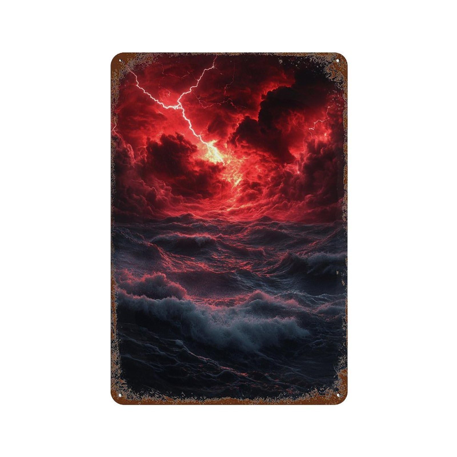 Stormy Sea with Lightning -3 Distressed Metal Wall Sign 11.8"x7.9", for Basement, Hobby Room And Garage Decor, Shabby Chic Decor