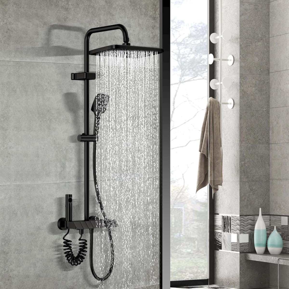 Columna de Ducha con Grifo, diseño de llave de piano, 30x20cm Cabezal de Ducha de Lluvia, Pantalla Digital LED, Altura Ajustable, Multifuncional para el Confort del Baño