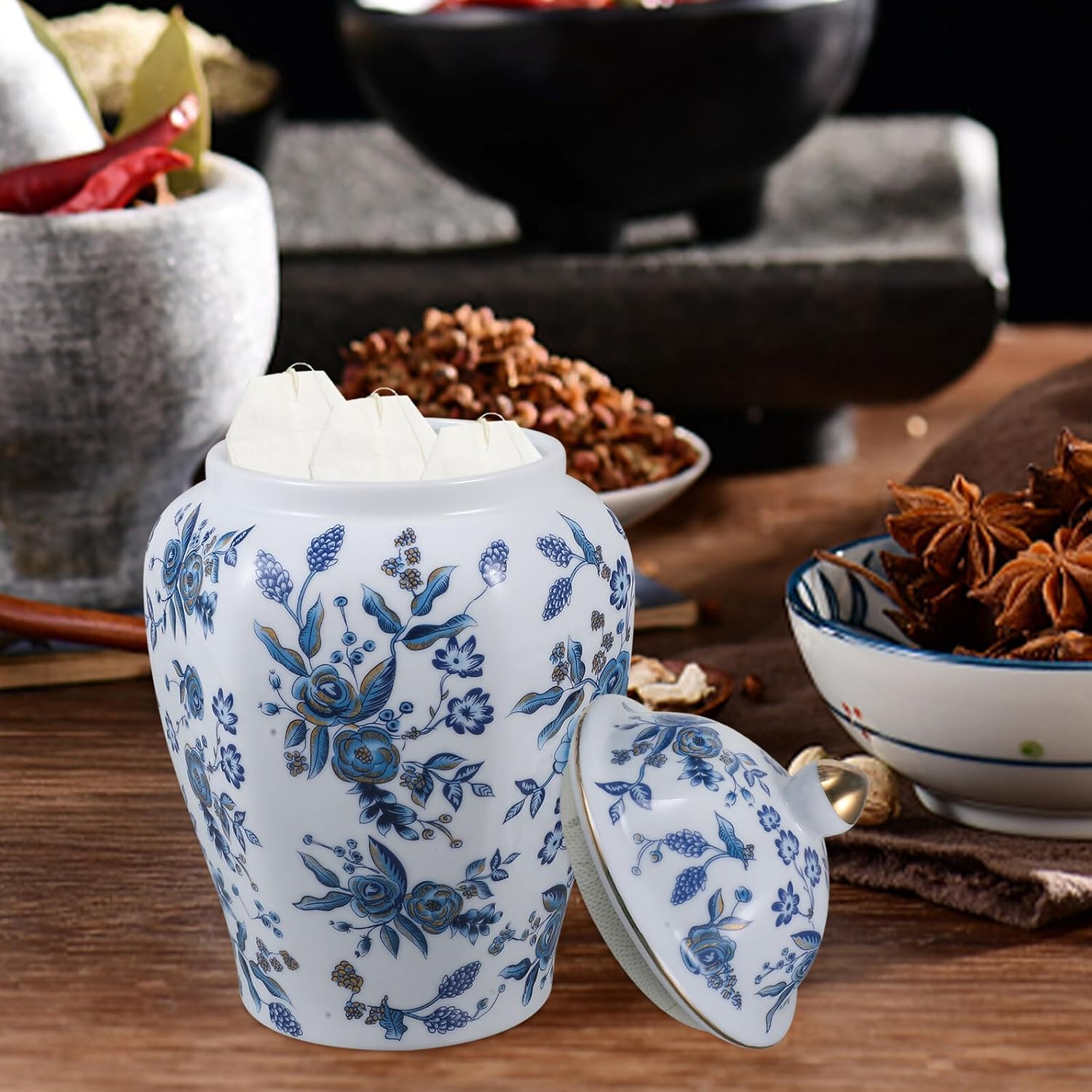TEHAUX Airtight Blue and White Porcelain Tea Jar Ceramic Storage Canister for Loose Tea Coffee Nuts Kitchen Decorative Oriental Style
