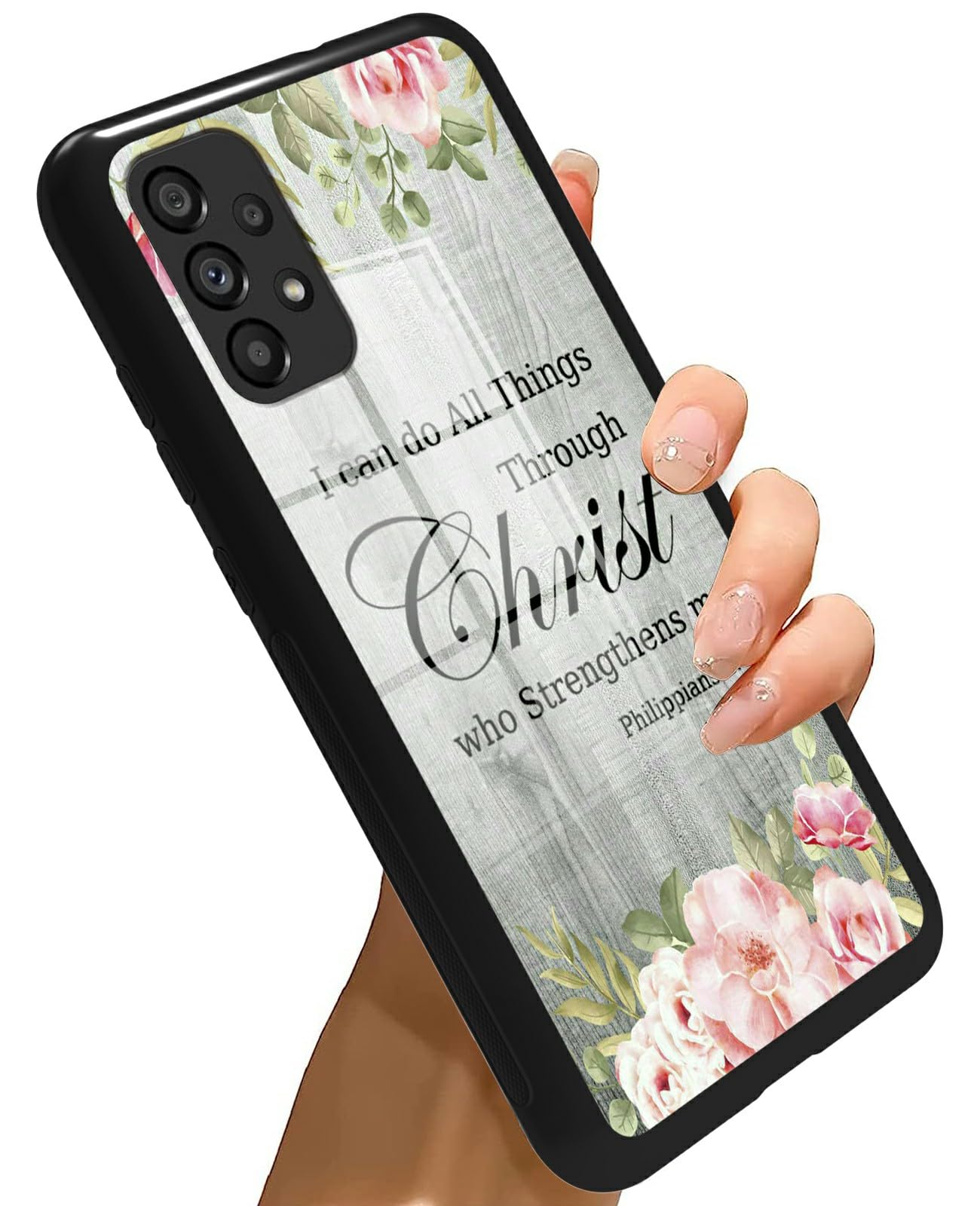 Galaxy A23 5G Phone Case for Samsung Galaxy A23 5G Case Tempered Glass Black Cover with Bible Verse Philippians 4-13 Design for Women Men Anti-Scratch Shockproof Protection Case for Samsung A23 5G