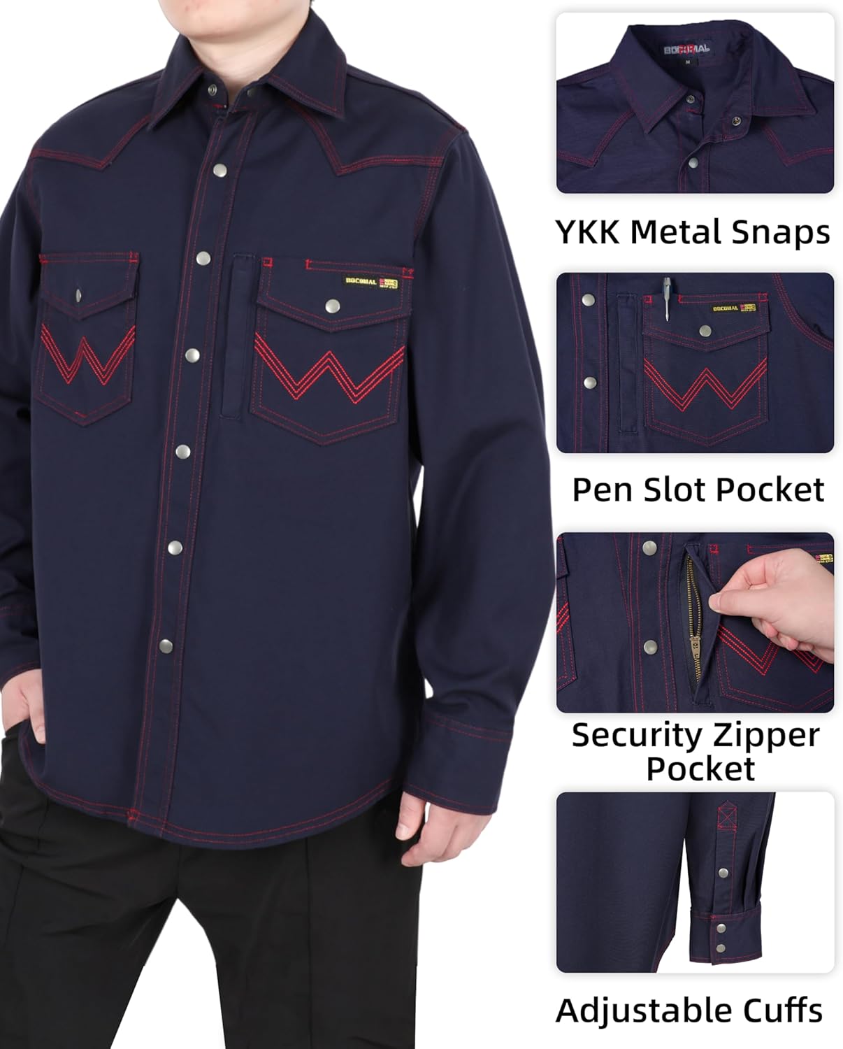 BOCOMAL FR Welding Shirts Heavyweight Stretch Canvas Snaps Down Reinforced Stitching Western Style Fire Resistant Jackets - Image 3
