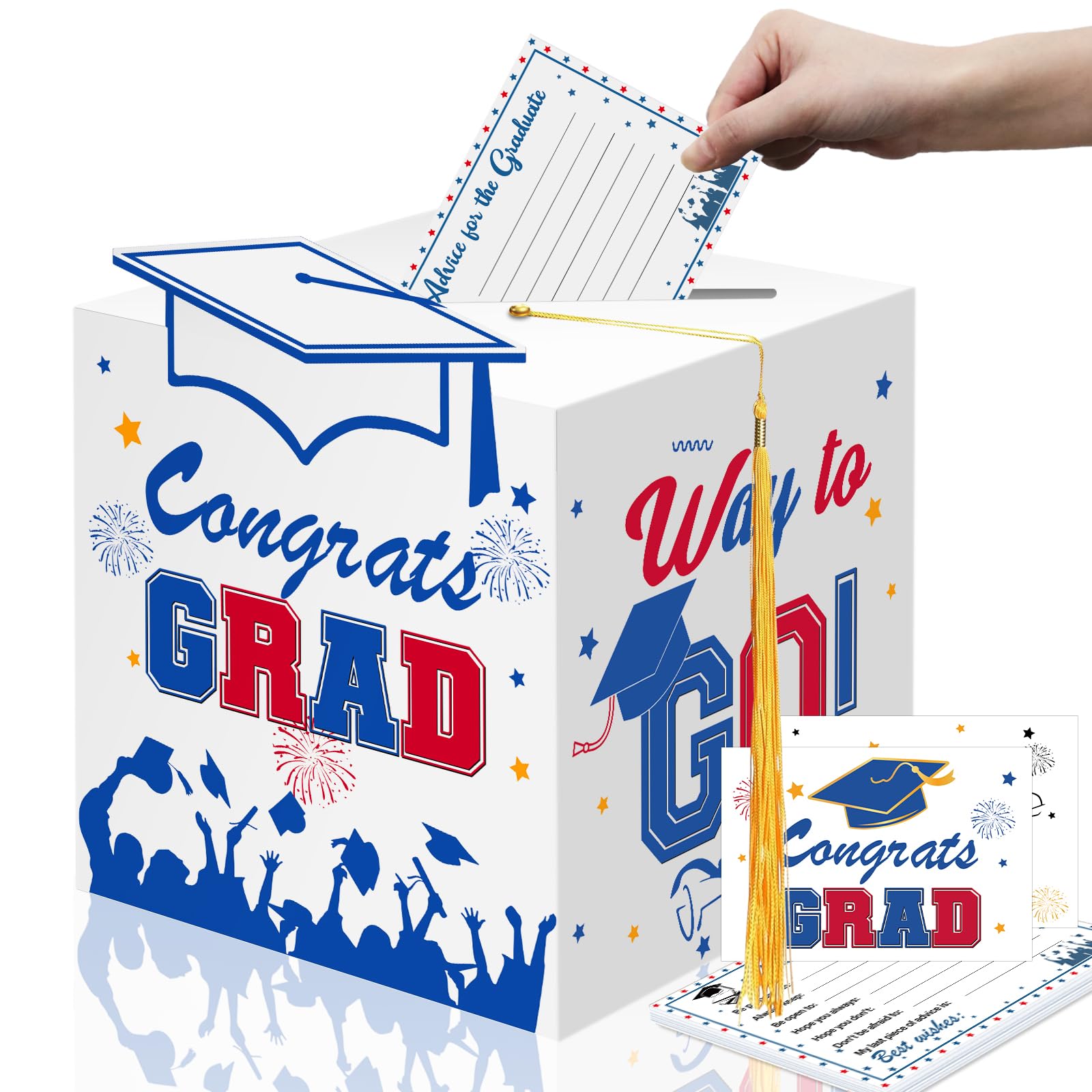Premium Graduation Card Box, with 12pcs Cards and Tassel, HQ Thickened Foldable Cardboard Congrats Grad Box Holder, Classic Design, HD Printing, Perfect for Graduation party decorations 2025