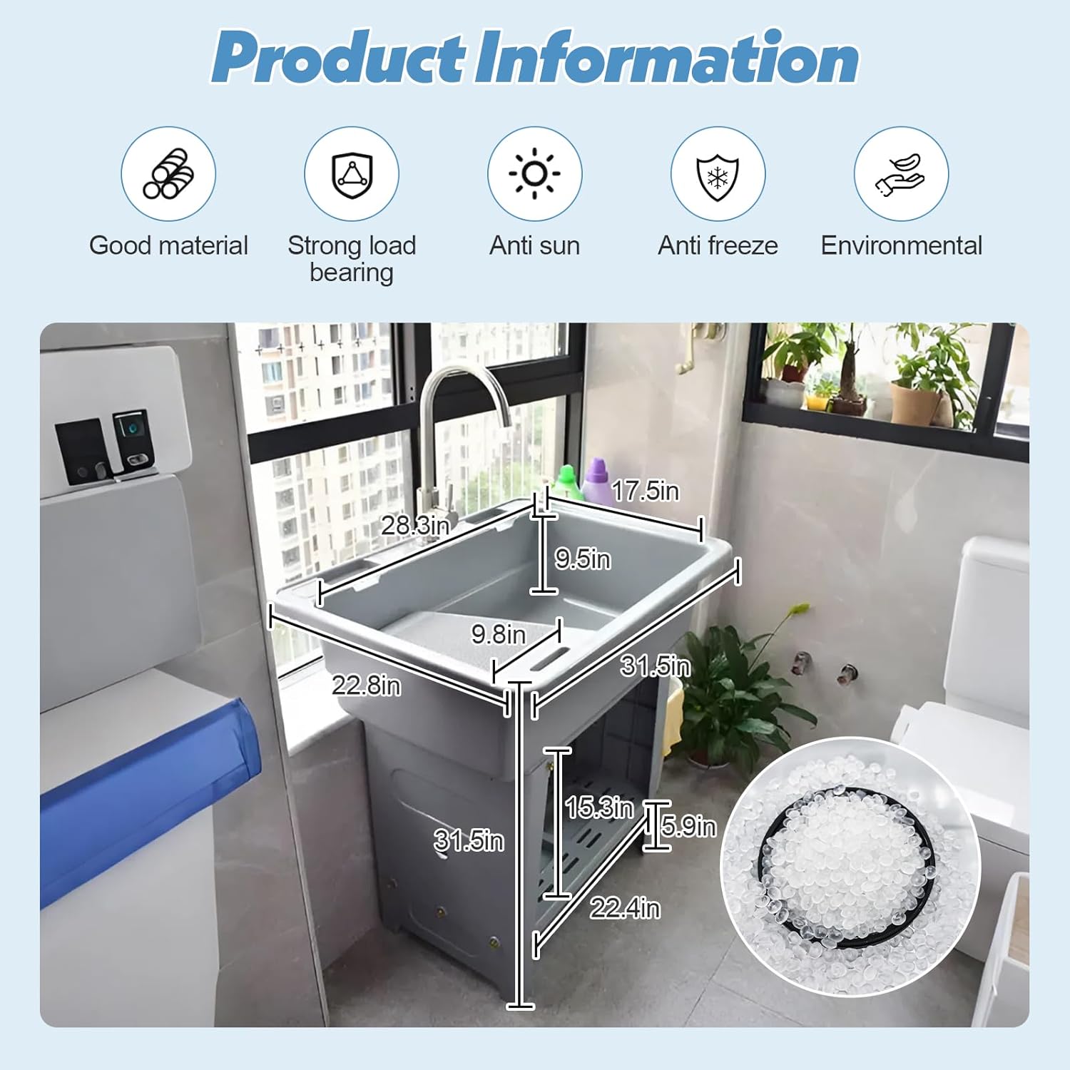 Portable Plastic Sink Laundry Tub,Outdoor Utility Sink with Washboard,Freestanding Hand Wash Station Laundry Tub Sink with Hose Hook Up,for Pet Wash Kitchen Garden Backyard Laundry
