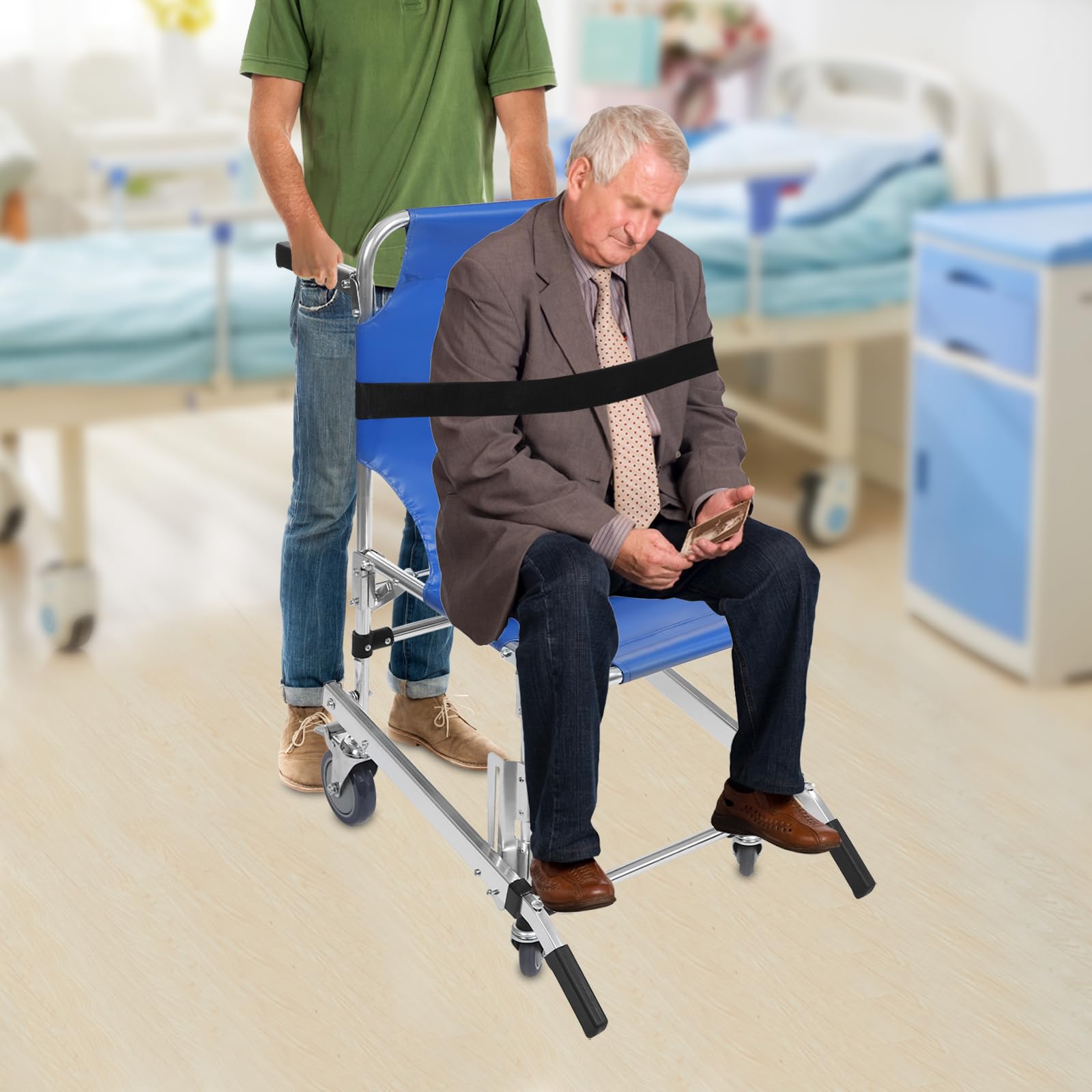 Sedia pieghevole per scale di emergenza, sollevatore portatile per scale con 2 ruote freno e 2 ruote universali, sedia a rotelle con cinture di sicurezza, per anziani e disabili
