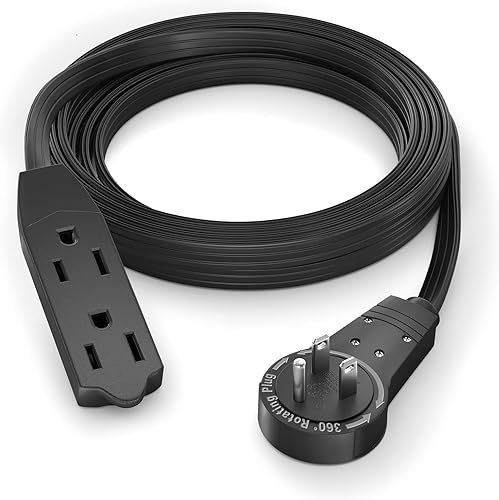 Maximm Cable de extensión de enchufe plano giratorio de 360 de 8 pies, 163 AWG, cable de conexión a tierra de 3 clavijas, color negro, certificado UL