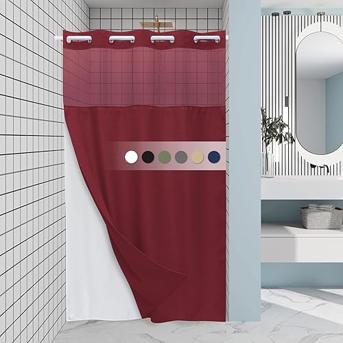 Miniatura 16 de Cortina de ducha larga sin gancho con forro a presión, 230 GSM, tejido de punto gofre, 71 pulgadas de ancho x 74 pulgadas de alto, negro Negro,Rosa