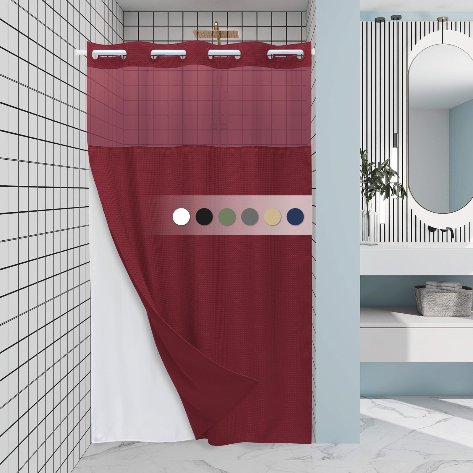 EUTXL Burgundy Stall No Hook Shower Curtain with Snap in Liner,230GSM Waffle Weave Shower Curtains for Bathroom,54W x 80H