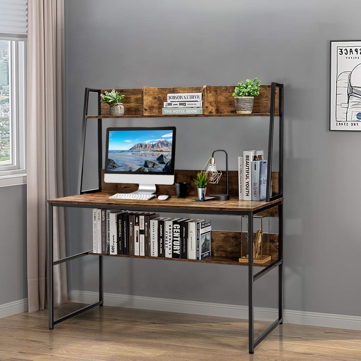 Giantex Escritorio para Ordenador, Mesa de Trabajo con Estantería y 3 Compartimentos, Superficie Amplia y Patas Ajustables, Ahorra Espacio, para Oficina, Estudio y Casa, 120 x 57 x 140 cm (Café)