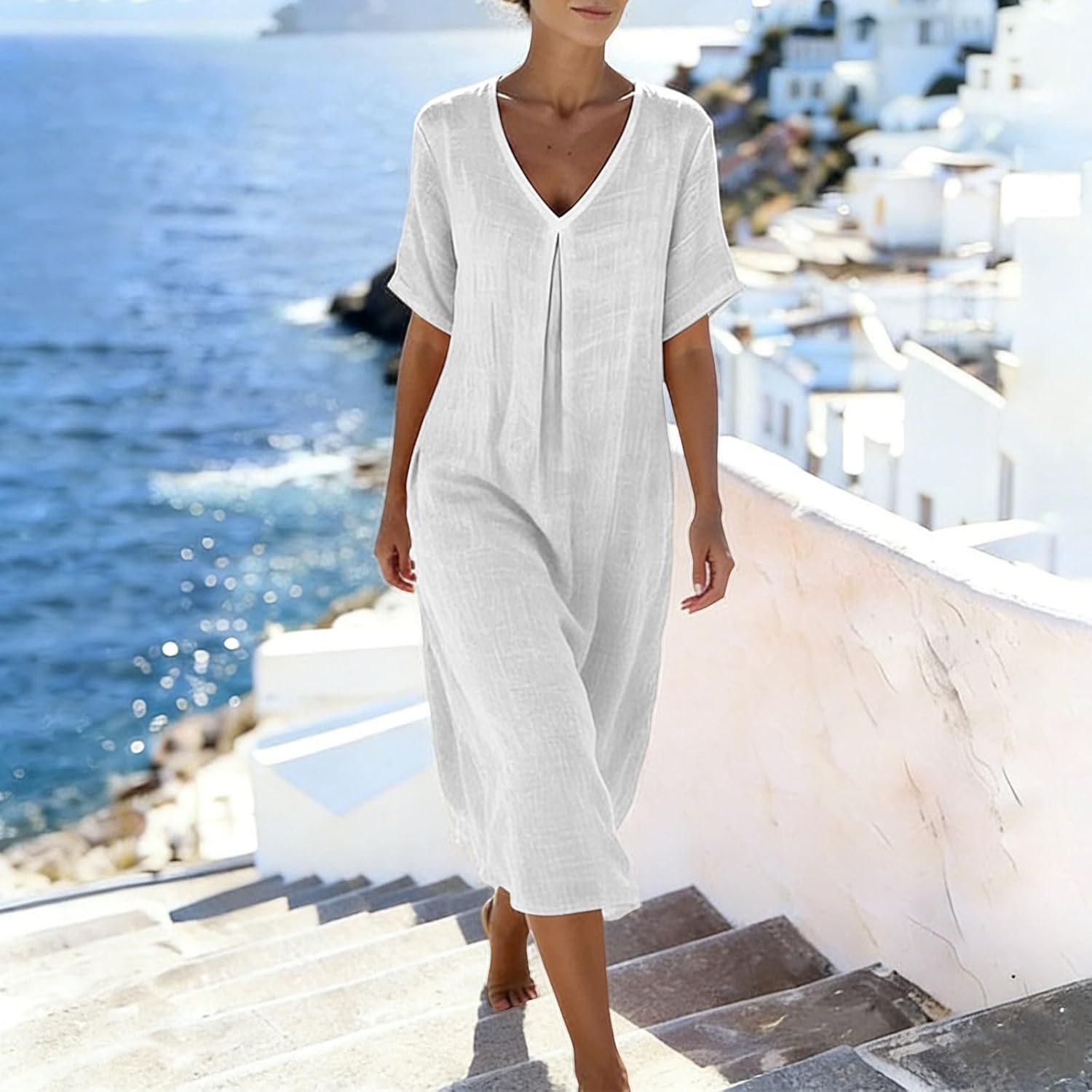 Linen Dresses for Women Cotton Summer Sundress Short Sleeve V Neck Midi Dress Flowy Beach Vacation Outfits