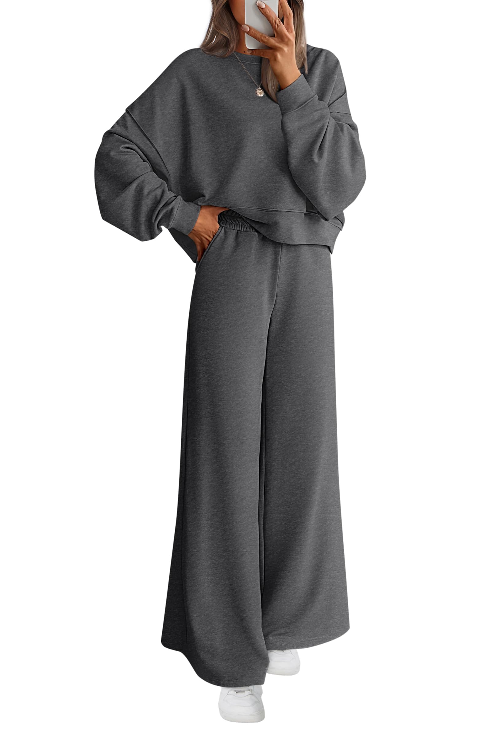 Women 2 Piece Outfits 2026 Fall Sweatsuits Crewneck Sweatshirt Wide Leg Sweatpants Lounge Sets Tracksuit-image-41
