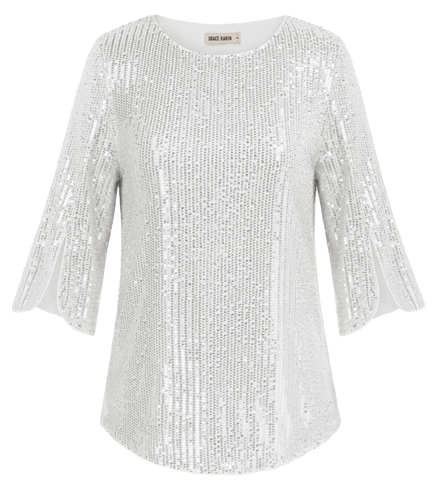 GRACE KARIN Camicia Donna Paillettes a Manica a 3/4 Top Elegante Girocollo Manicotto Split