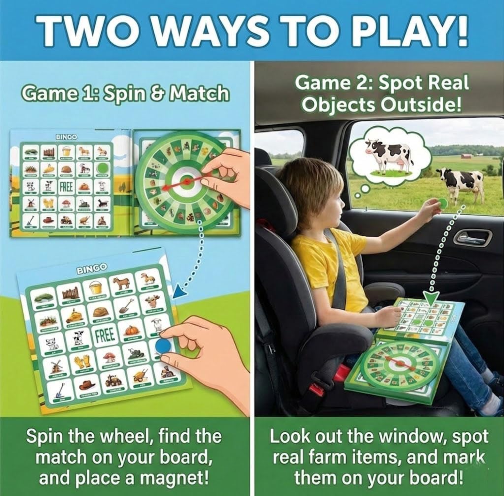 Travofun Farm Bingo Game, Magnetic Travel Toy for Kids 3 and Up, Ideal for Road Trips
