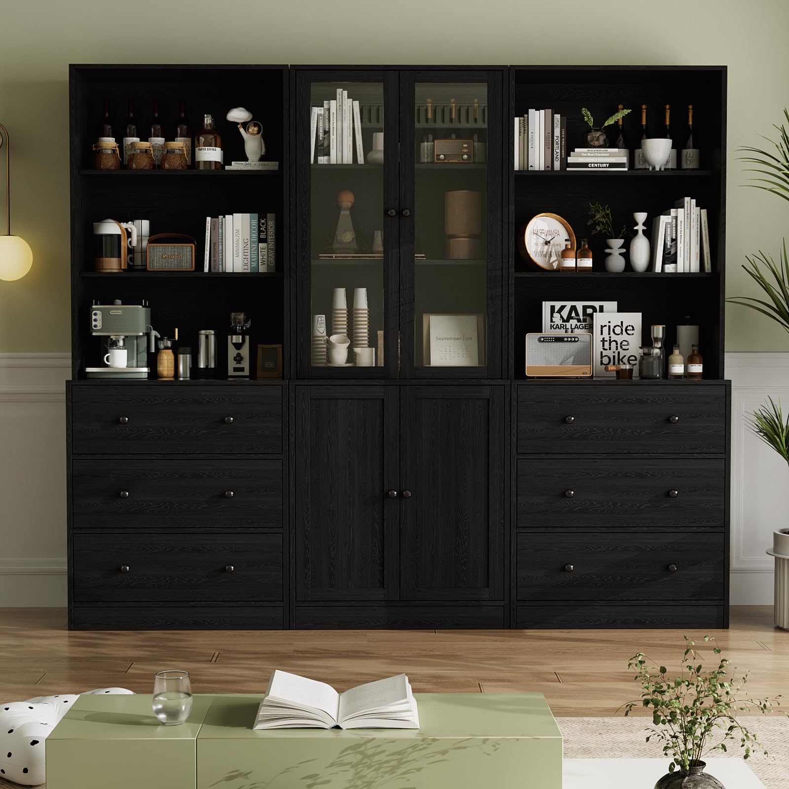 VOWNER 5-stöckiges Bücherregal mit Glastüren, 180 cm Vitrinenschrank, Küchenschränke, Küchenschrank Hochschrank, Buffetschrank für Küche, Wohnzimmer, Esszimmer, 4PCS (Schwarz)
