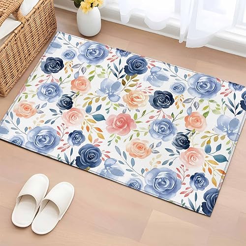 Miniatura 19 de Round Rugs 8ft, Colorful Flowers Non-Slip Area Rugs for Living Room Bedroom Entryway, Watercolor Retro Blue Pink Floral Washable Carpet Runner Rug