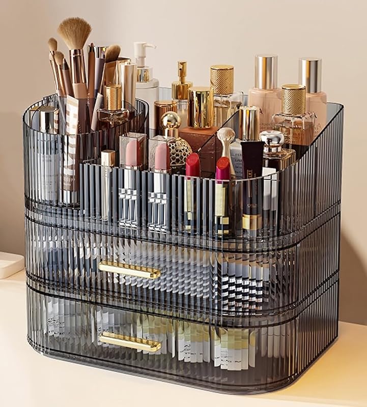 Organizador de Maquiagem SpaceLuxe com Gavetas e Suporte Giratório para Pincéis, Transparente Gray, CDCTG301, 1 unidade