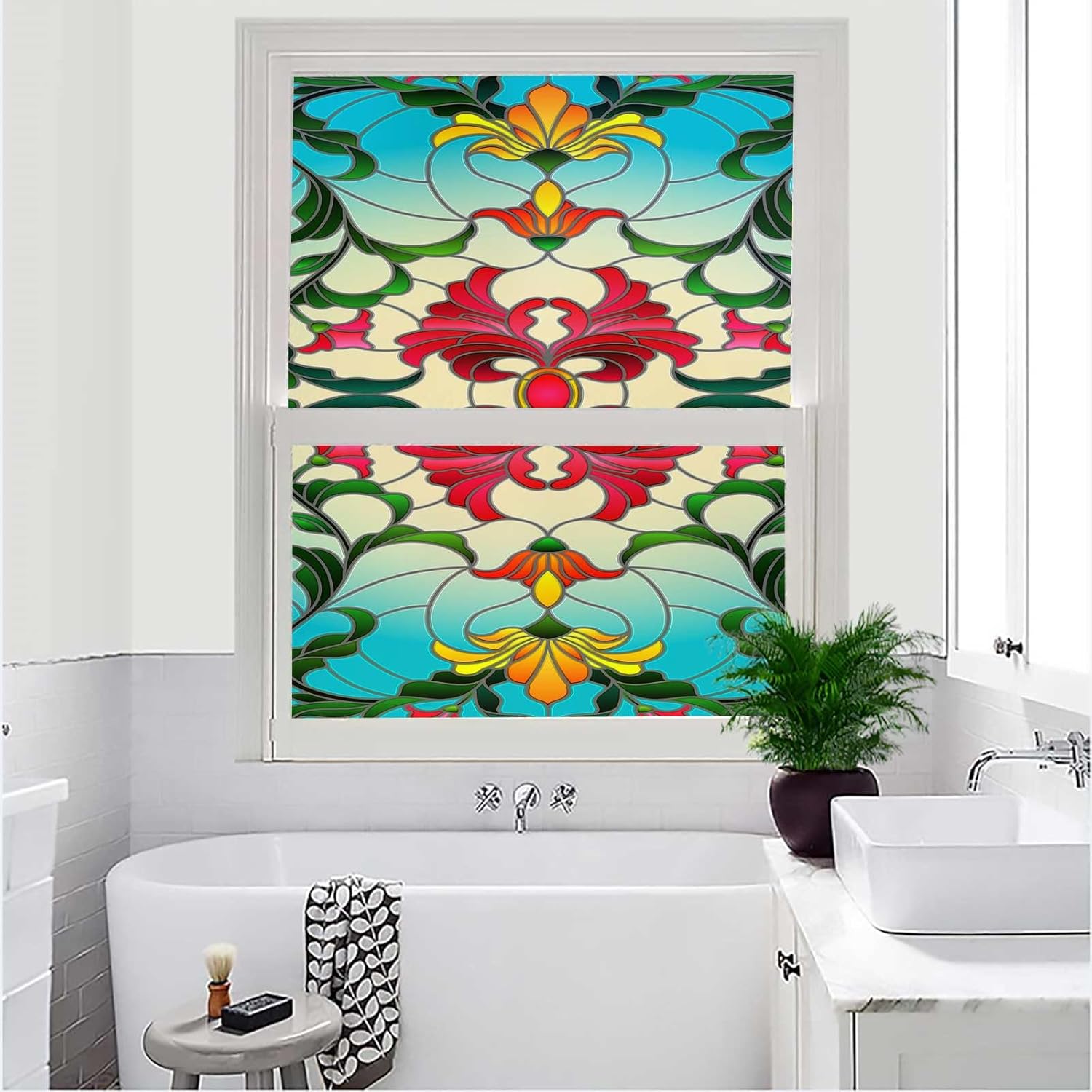 Frosted Window Film Stained Glass Reflective Window Film Teal Red DIY