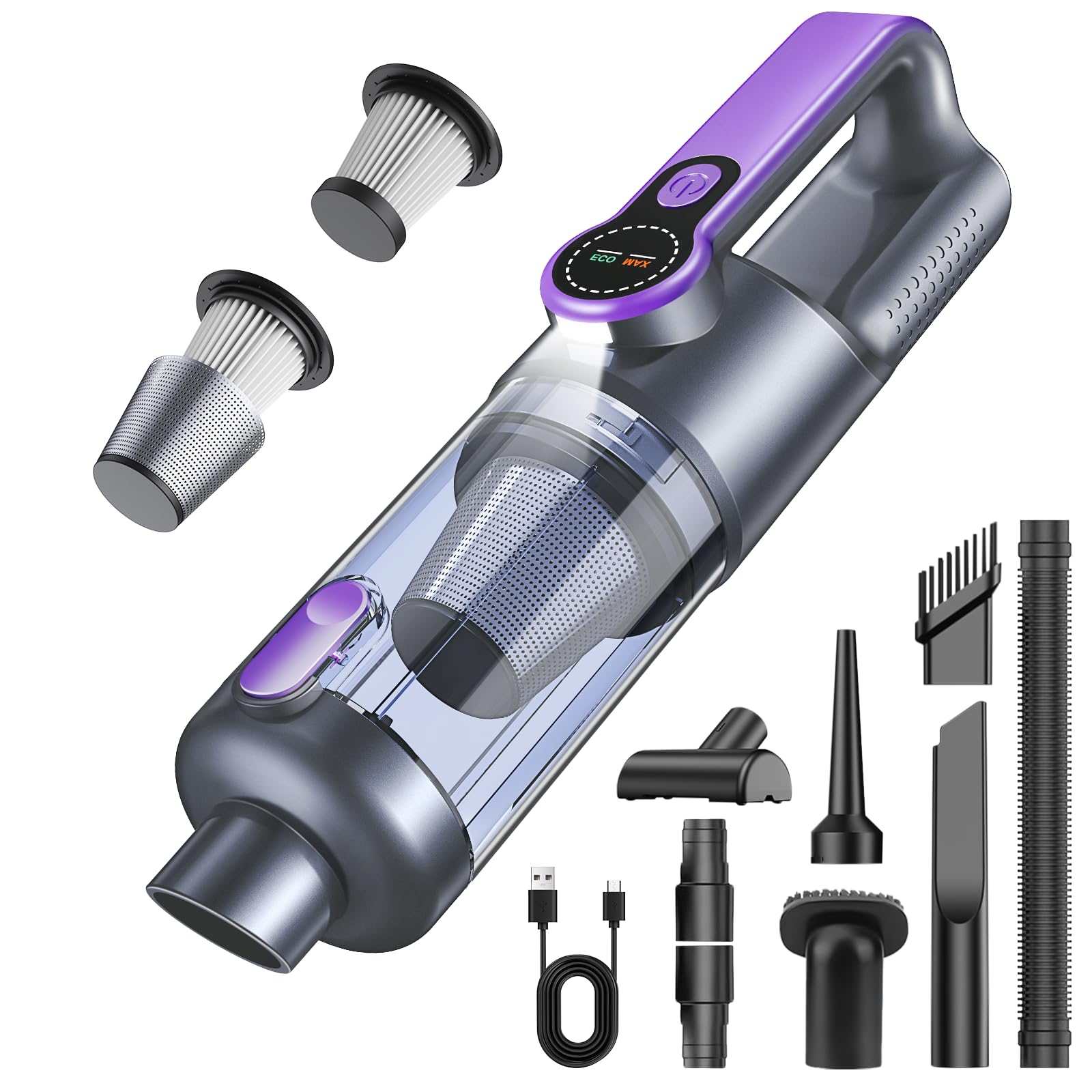 botatio Handstaubsauger, 26000 Pa Akku Staubsauger Kabellos, One-Touch Staubentleerung, Bürstenloser Motor, 4-in-1 Multifunktionaler Auto Staubsauger Stark, mit HD Display und LED Beleuchtung, Purpur