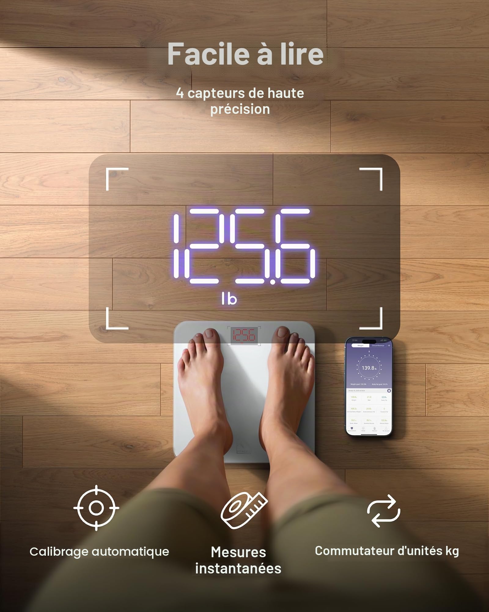 Pèse Personne Impédancemètre, FITINDEX Balance Connecté, Pèse-Personne Bluetooth Balance Salle de Bains Impedancemetre avec 13 Données Corporelles (BMI/Muscle/Graisse Corporelle/Masse Osseuse), Blanc