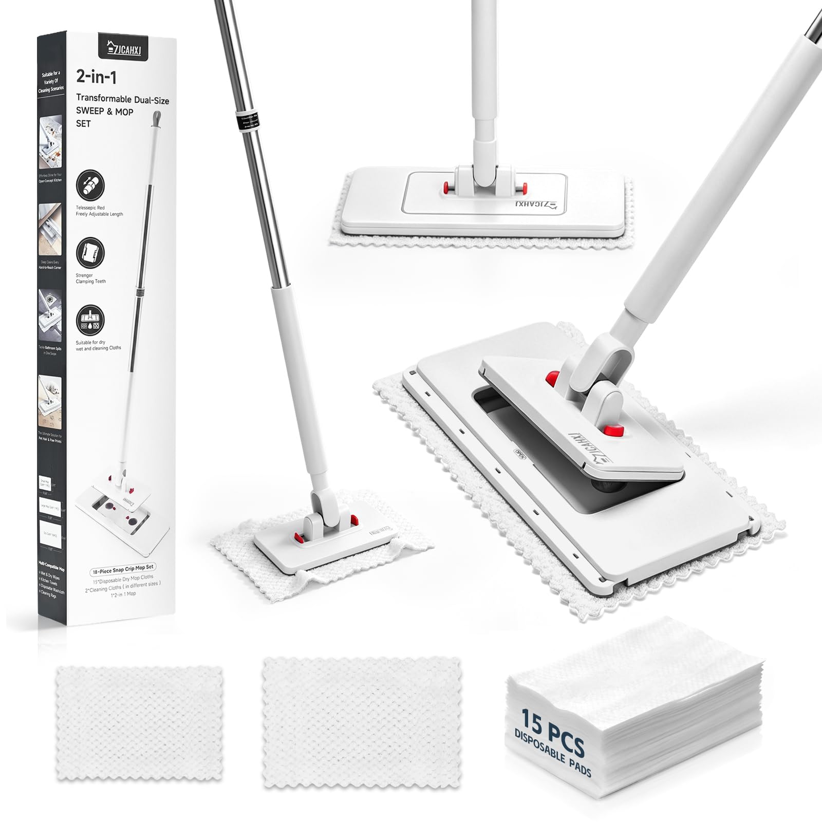Photo 1 of 2-in-1 Dual Size Hands Free Flat Mop, Snap Grip Mini & Large Mop Compatible with Swiffer Pads, 15 Dry Pads and Reusable Cloths, Lazy Mops for Hardwood, Tile, Walls & Tight Spaces Cleaning